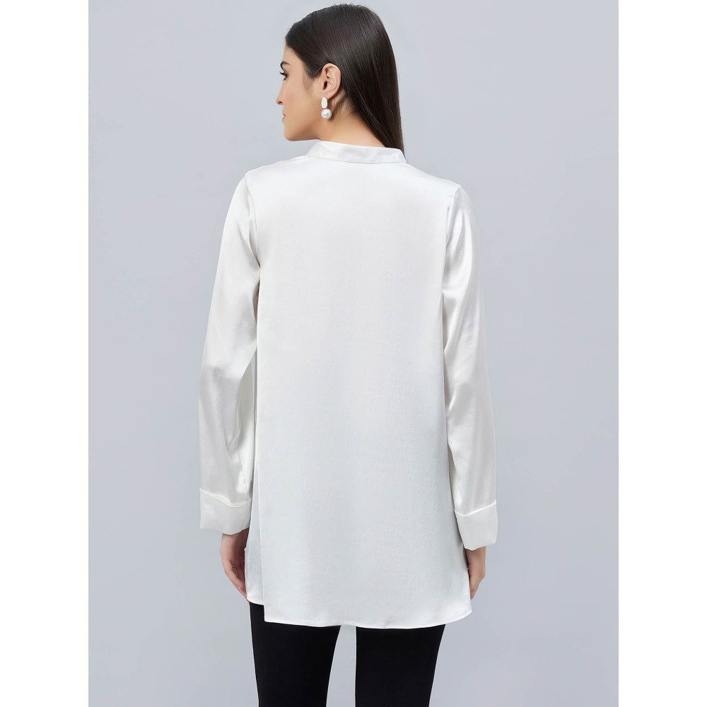 First Resort by Ramola Bachchan White One Side Pleated Embellished Satin Shirt