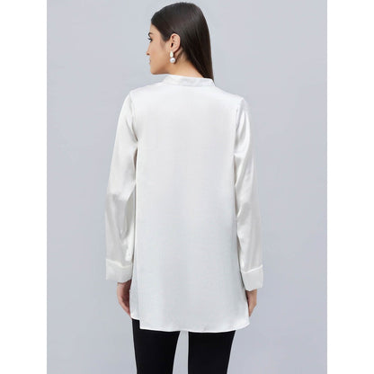 First Resort by Ramola Bachchan White One Side Pleated Embellished Satin Shirt