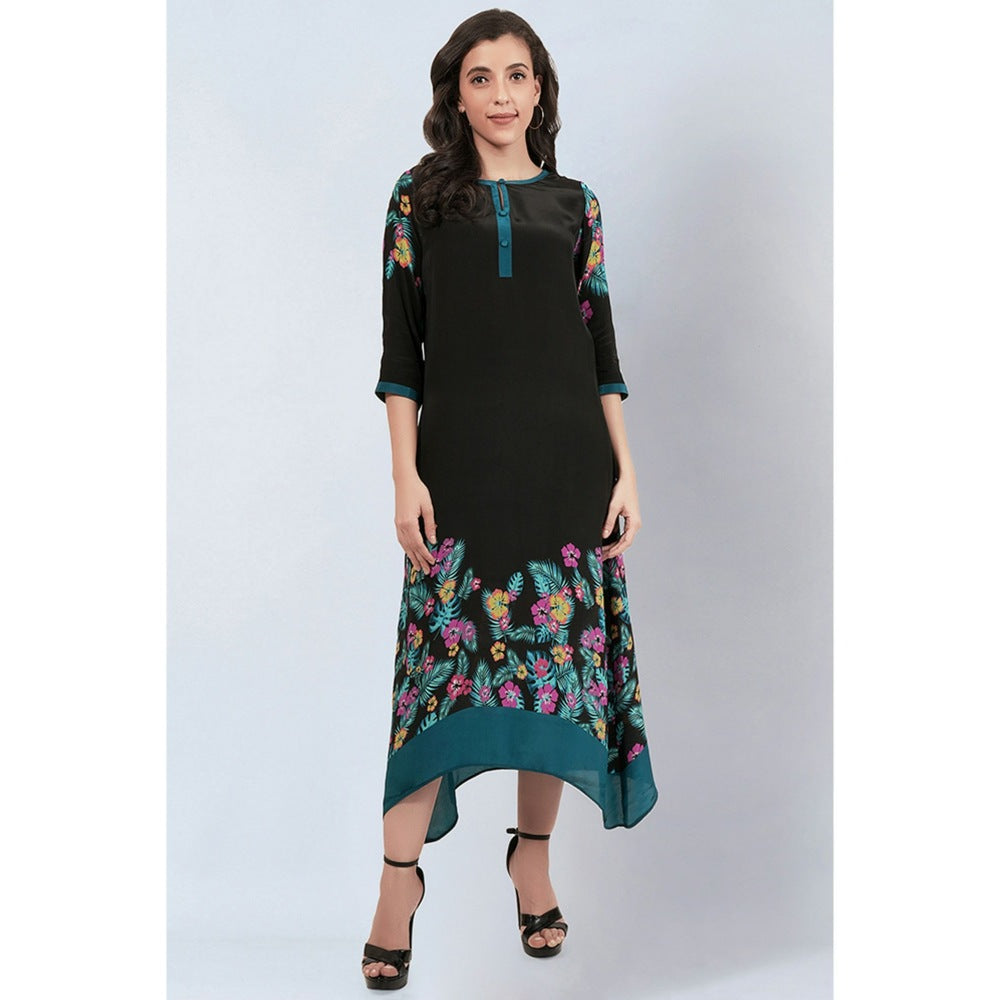 First Resort by Ramola Bachchan Black and Yellow Floral Printed Slimline Kaftan Dress
