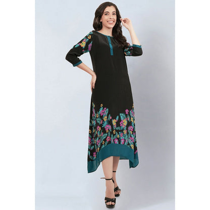 First Resort by Ramola Bachchan Black and Yellow Floral Printed Slimline Kaftan Dress