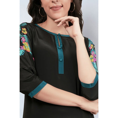 First Resort by Ramola Bachchan Black and Yellow Floral Printed Slimline Kaftan Dress