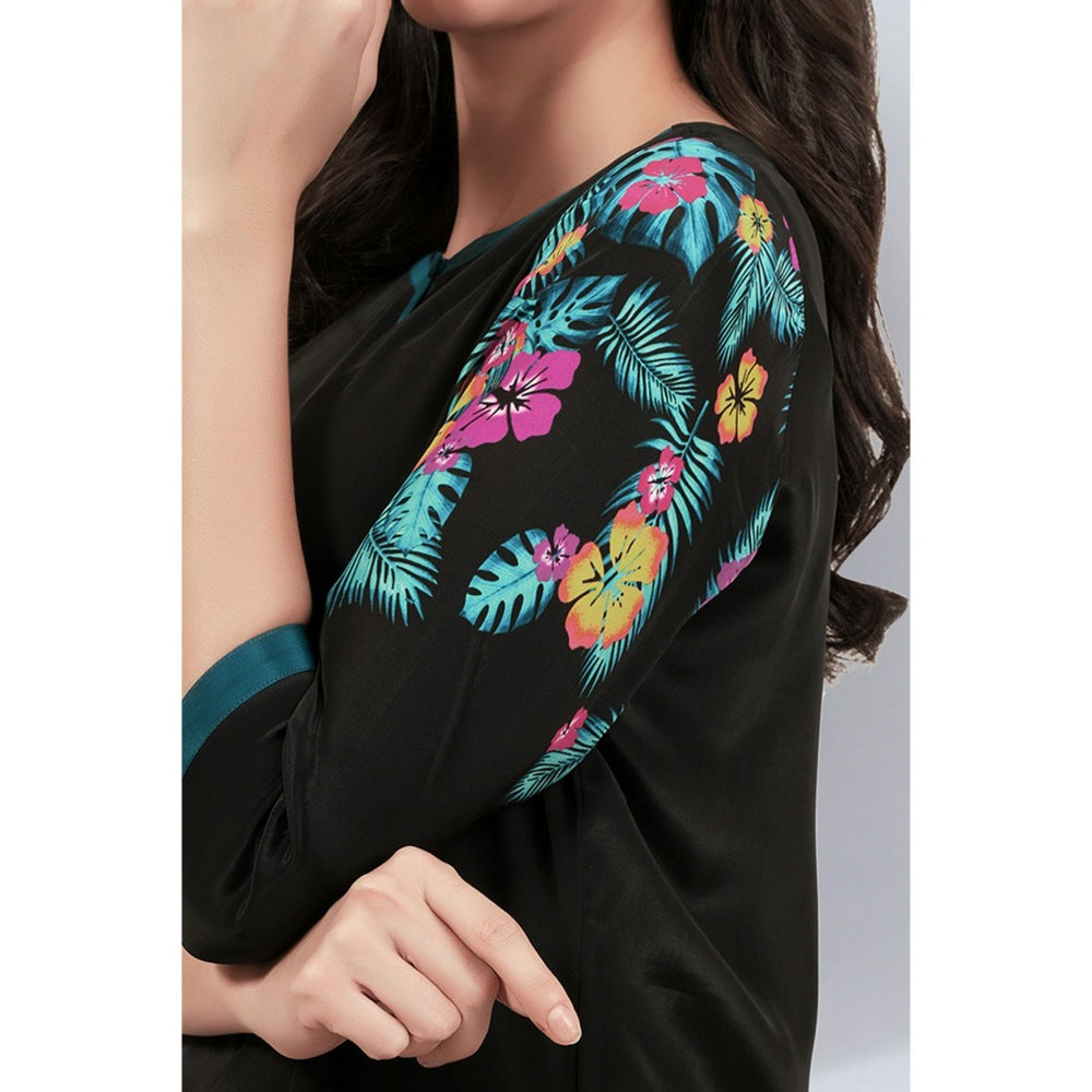 First Resort by Ramola Bachchan Black and Yellow Floral Printed Slimline Kaftan Dress