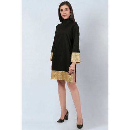 First Resort by Ramola Bachchan Black Cotton Satin Tunic Dress with Gold Sequin Border