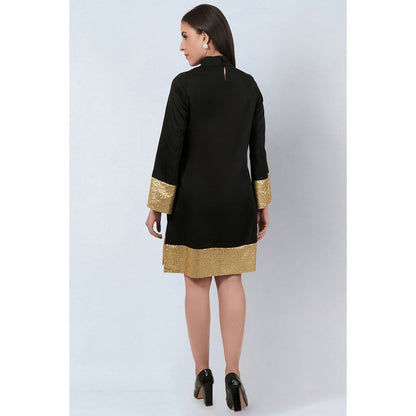 First Resort by Ramola Bachchan Black Cotton Satin Tunic Dress with Gold Sequin Border