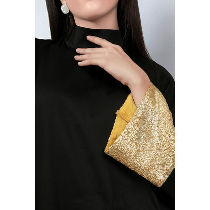 First Resort by Ramola Bachchan Black Cotton Satin Tunic Dress with Gold Sequin Border