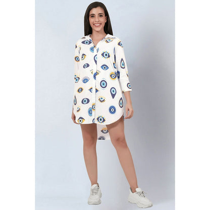 First Resort by Ramola Bachchan White and Blue Evil Eye Print Shirt Dress