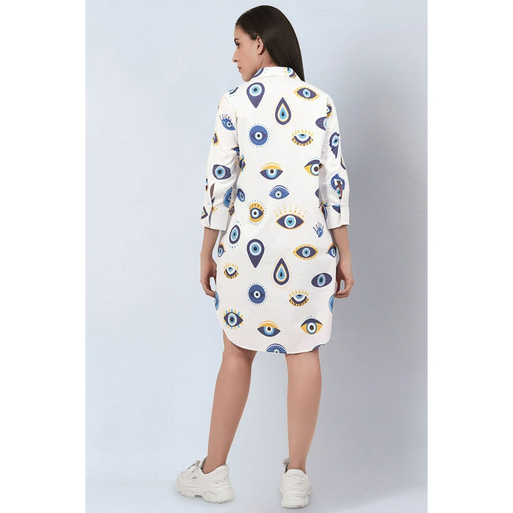 First Resort by Ramola Bachchan White and Blue Evil Eye Print Shirt Dress