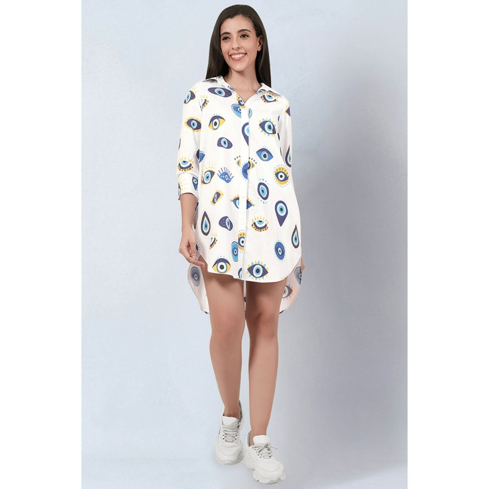 First Resort by Ramola Bachchan White and Blue Evil Eye Print Shirt Dress