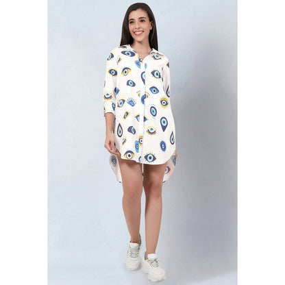 First Resort by Ramola Bachchan White and Blue Evil Eye Print Shirt Dress
