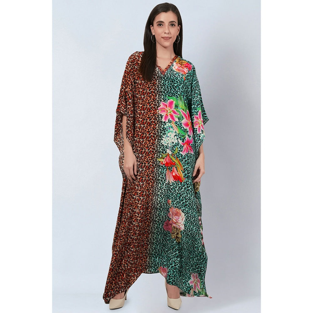 First Resort by Ramola Bachchan Multi-Color and Turquoise Animal Print Full Length Kaftan