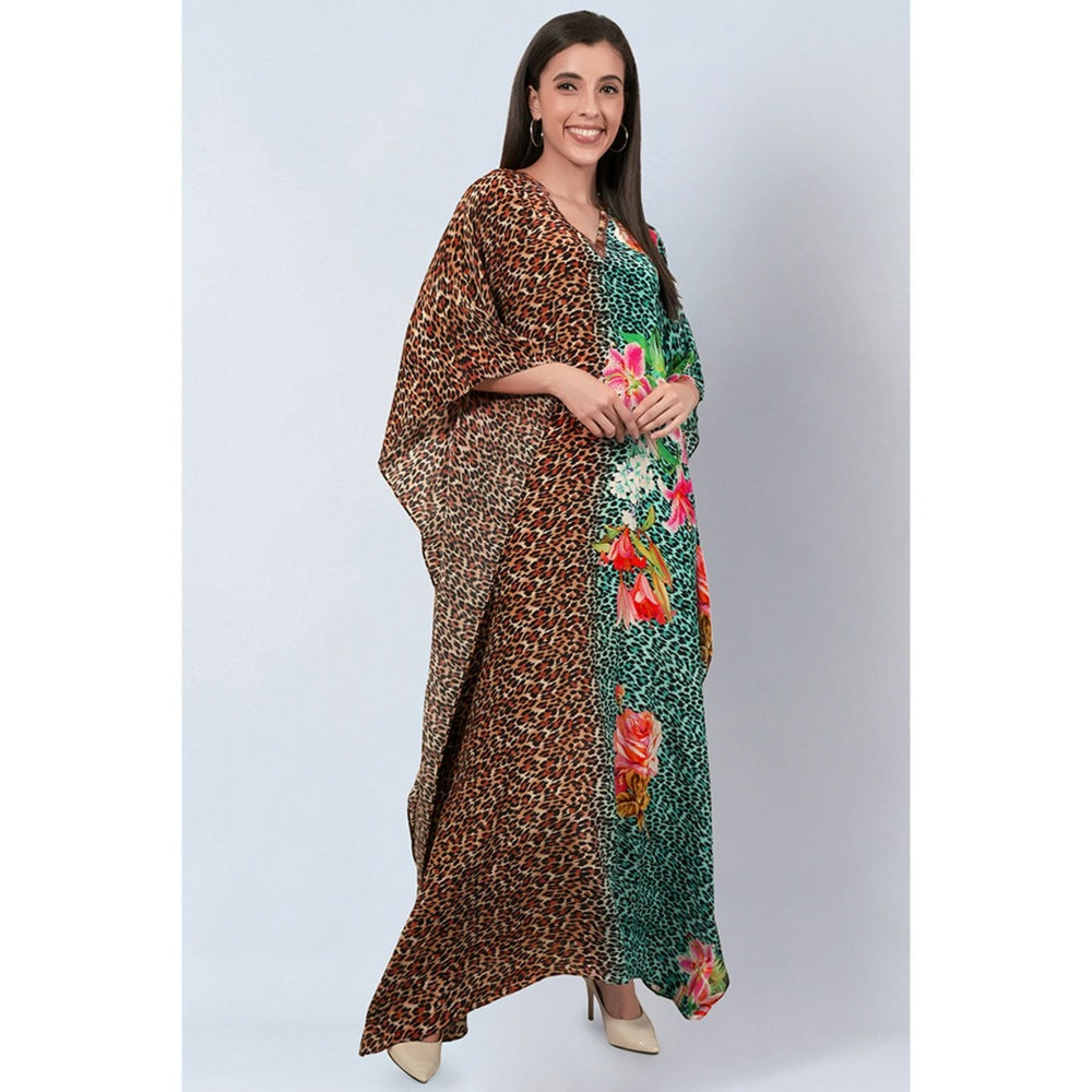 First Resort by Ramola Bachchan Multi-Color and Turquoise Animal Print Full Length Kaftan