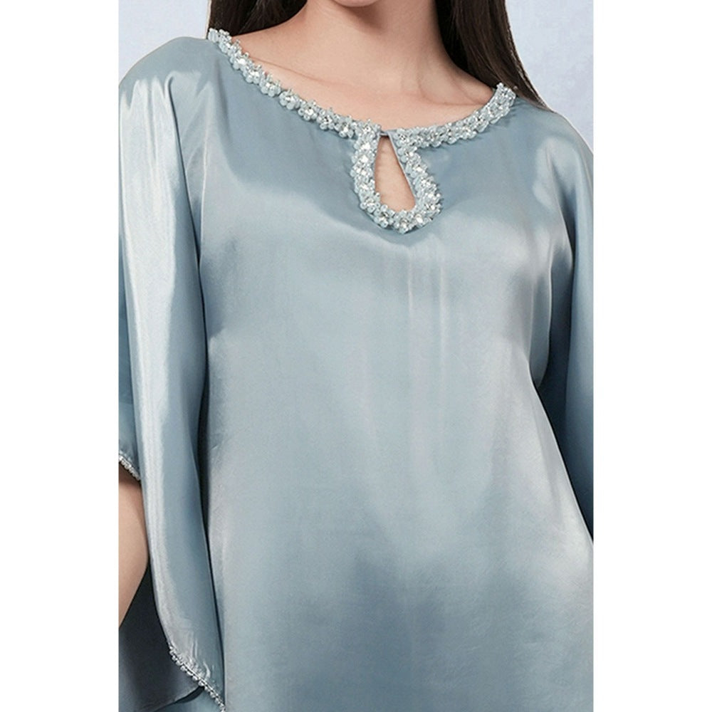 First Resort by Ramola Bachchan Blue Crystal Embroidered Round Kaftan