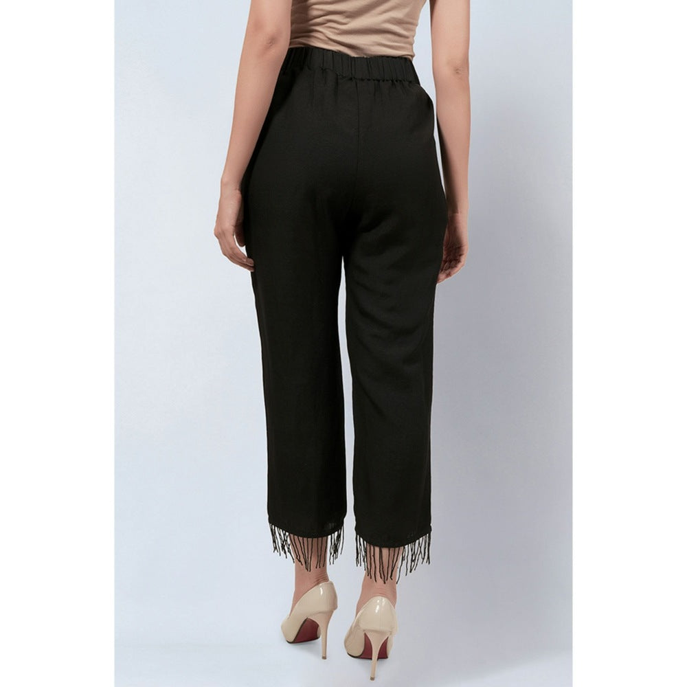 First Resort by Ramola Bachchan Black Linen Top and Pants with Bead Lace (Set of 2)