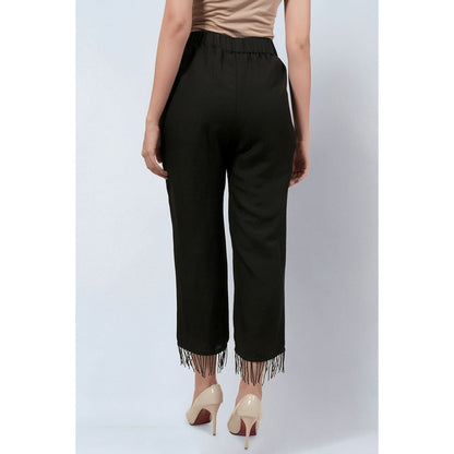 First Resort by Ramola Bachchan Black Linen Pants with Bead Lace