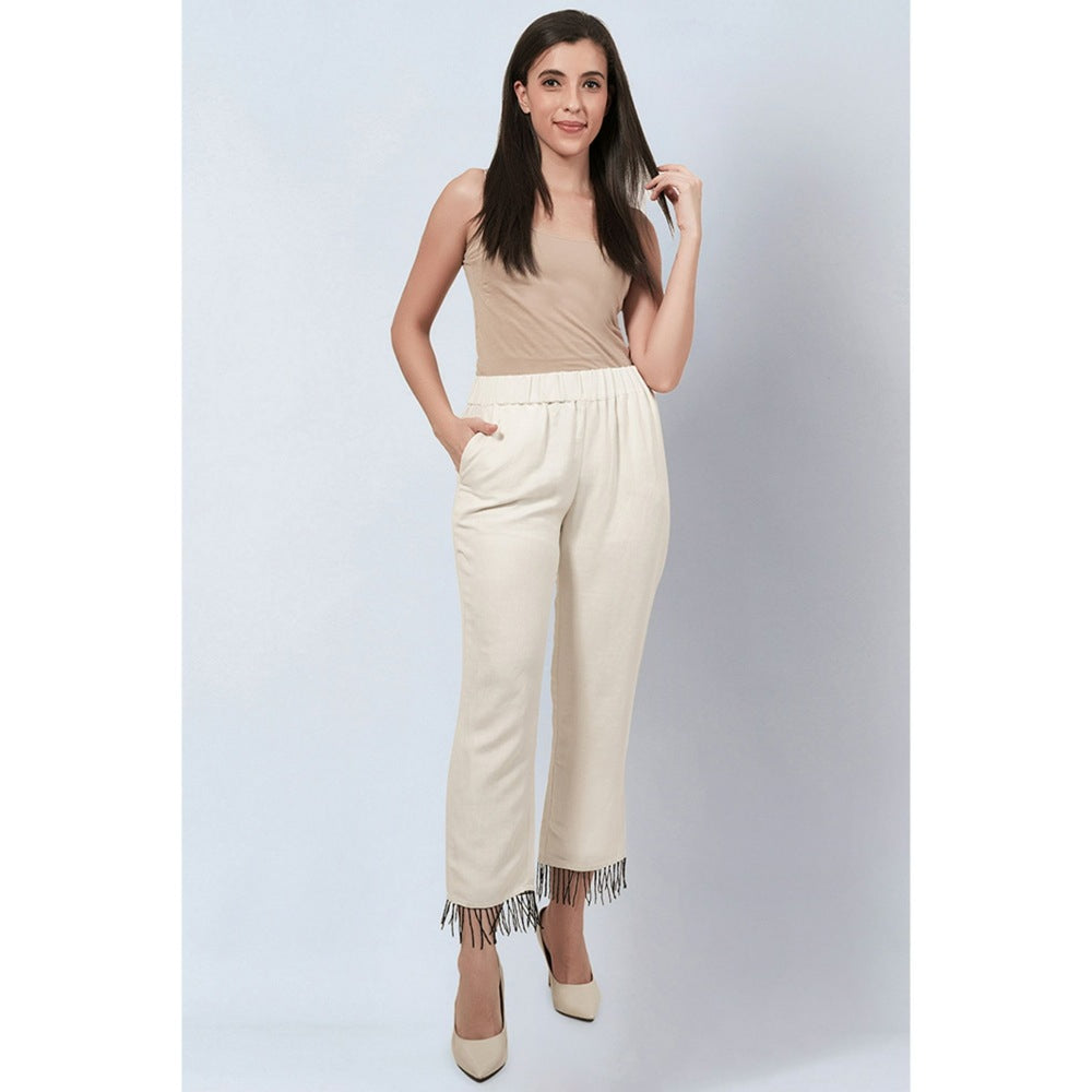 First Resort by Ramola Bachchan Off White Linen Pants with Bead Lace