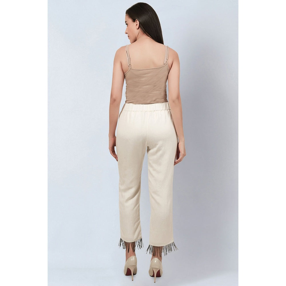 First Resort by Ramola Bachchan Off White Linen Pants with Bead Lace
