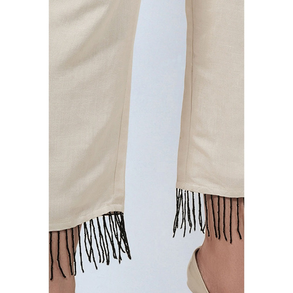 First Resort by Ramola Bachchan Off White Linen Pants with Bead Lace
