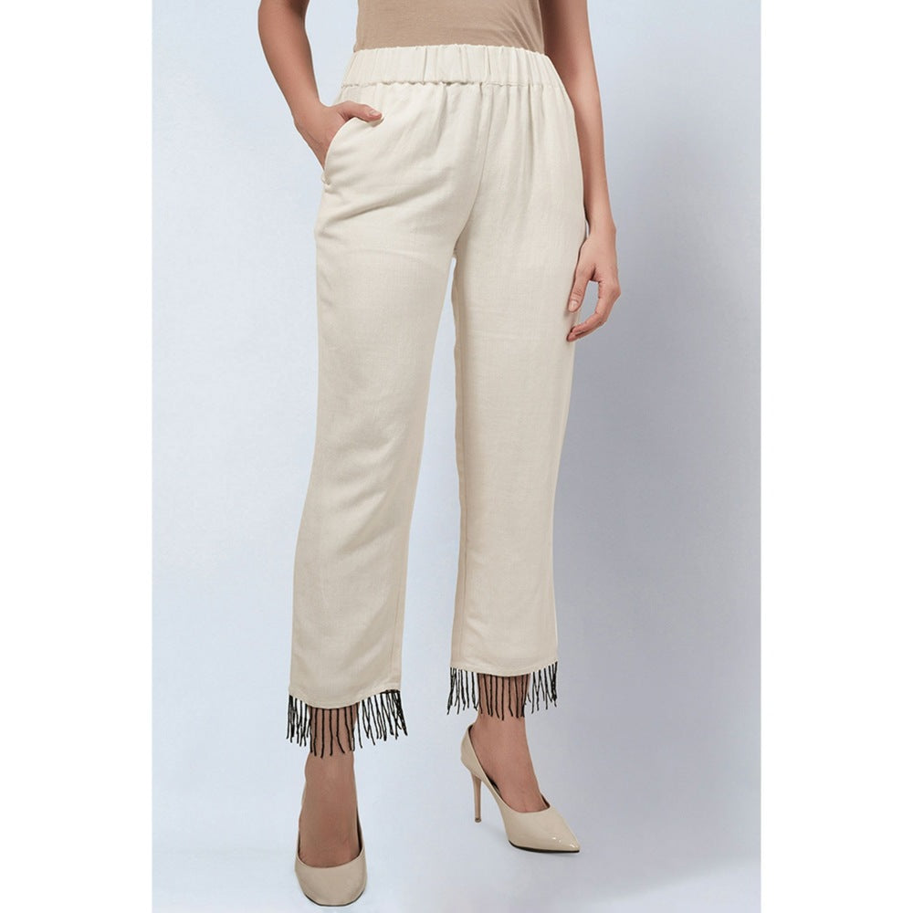 First Resort by Ramola Bachchan Off White Linen Pants with Bead Lace