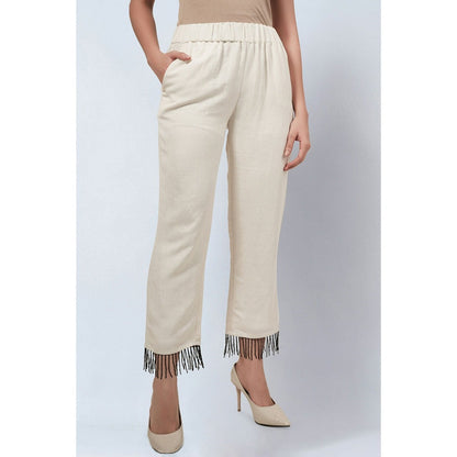 First Resort by Ramola Bachchan Off White Linen Pants with Bead Lace