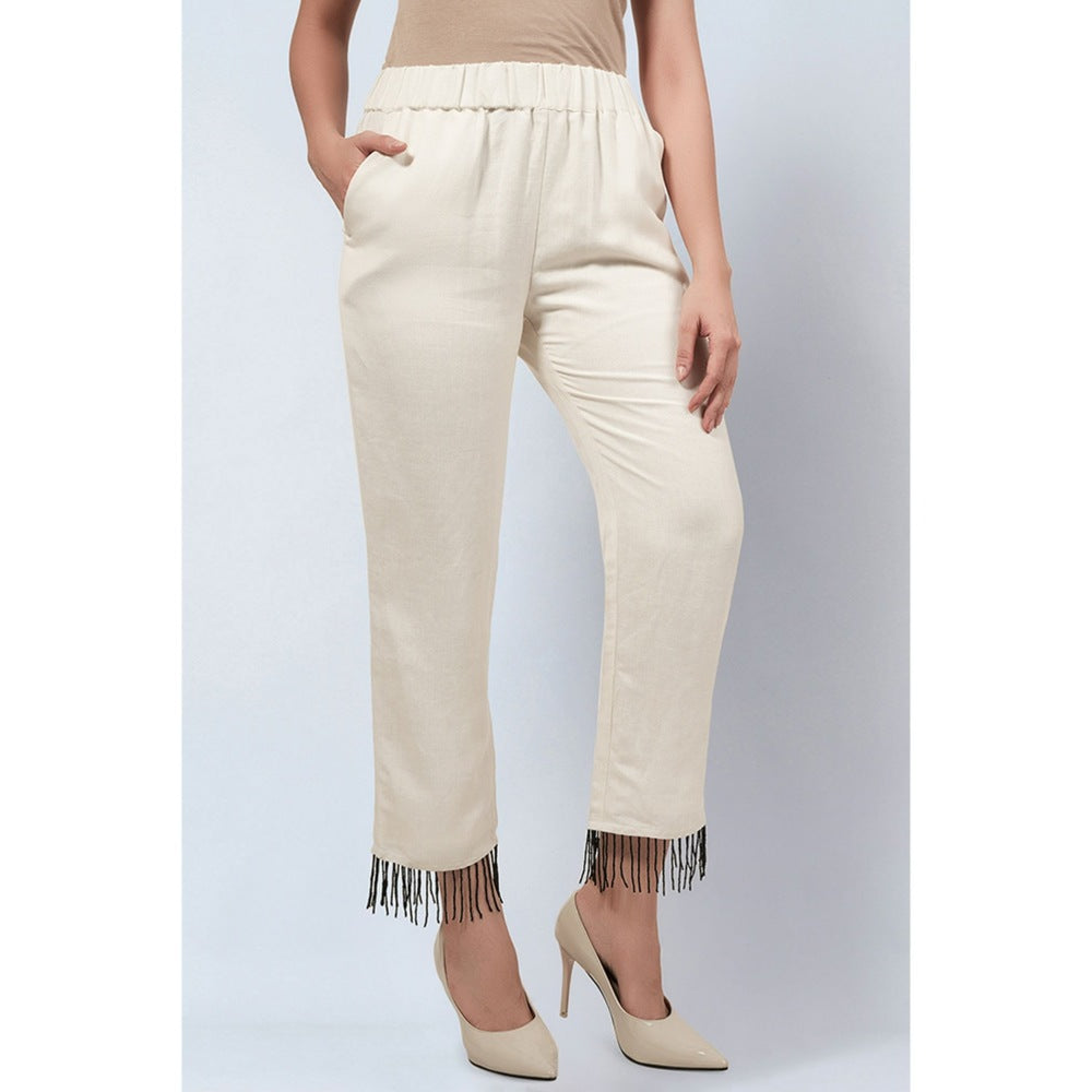 First Resort by Ramola Bachchan Off White Linen Pants with Bead Lace