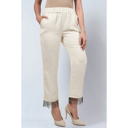 First Resort by Ramola Bachchan Off White Linen Pants with Bead Lace