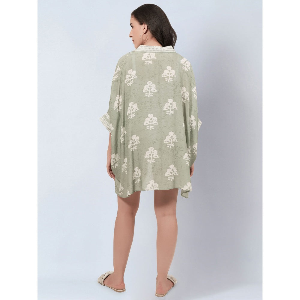 First Resort By Ramola Bachchan Sage Green And Ecru Floral Kaftan Mini Dress
