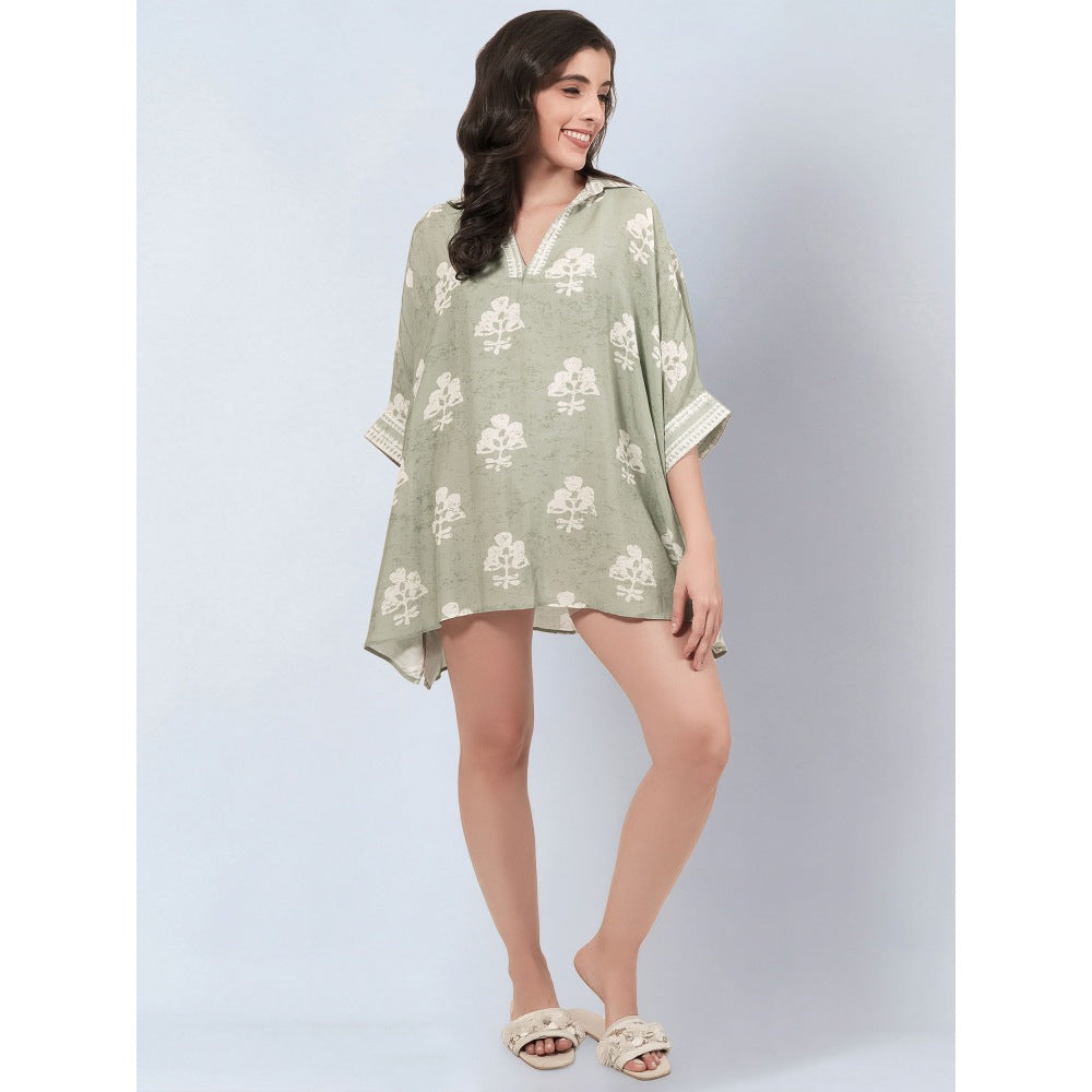 First Resort By Ramola Bachchan Sage Green And Ecru Floral Kaftan Mini Dress