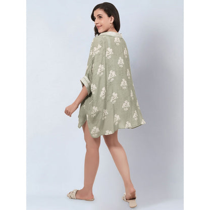 First Resort By Ramola Bachchan Sage Green And Ecru Floral Kaftan Mini Dress