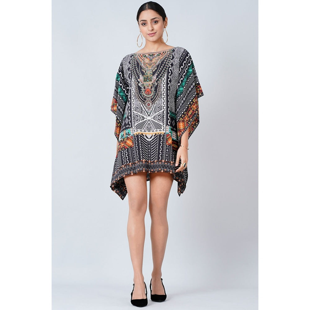 First Resort by Ramola Bachchan Black Geometric Print Embellished Mini Dress