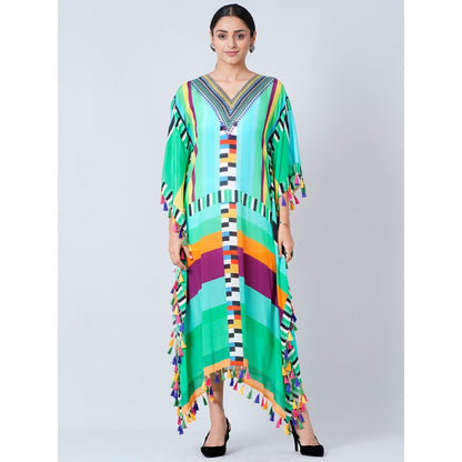 First Resort by Ramola Bachchan Blue And Green Geometric Mid Length Kaftan
