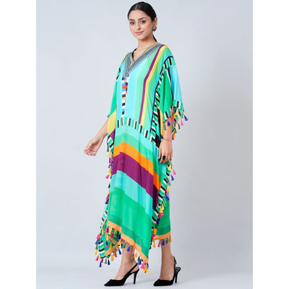 First Resort by Ramola Bachchan Blue And Green Geometric Mid Length Kaftan