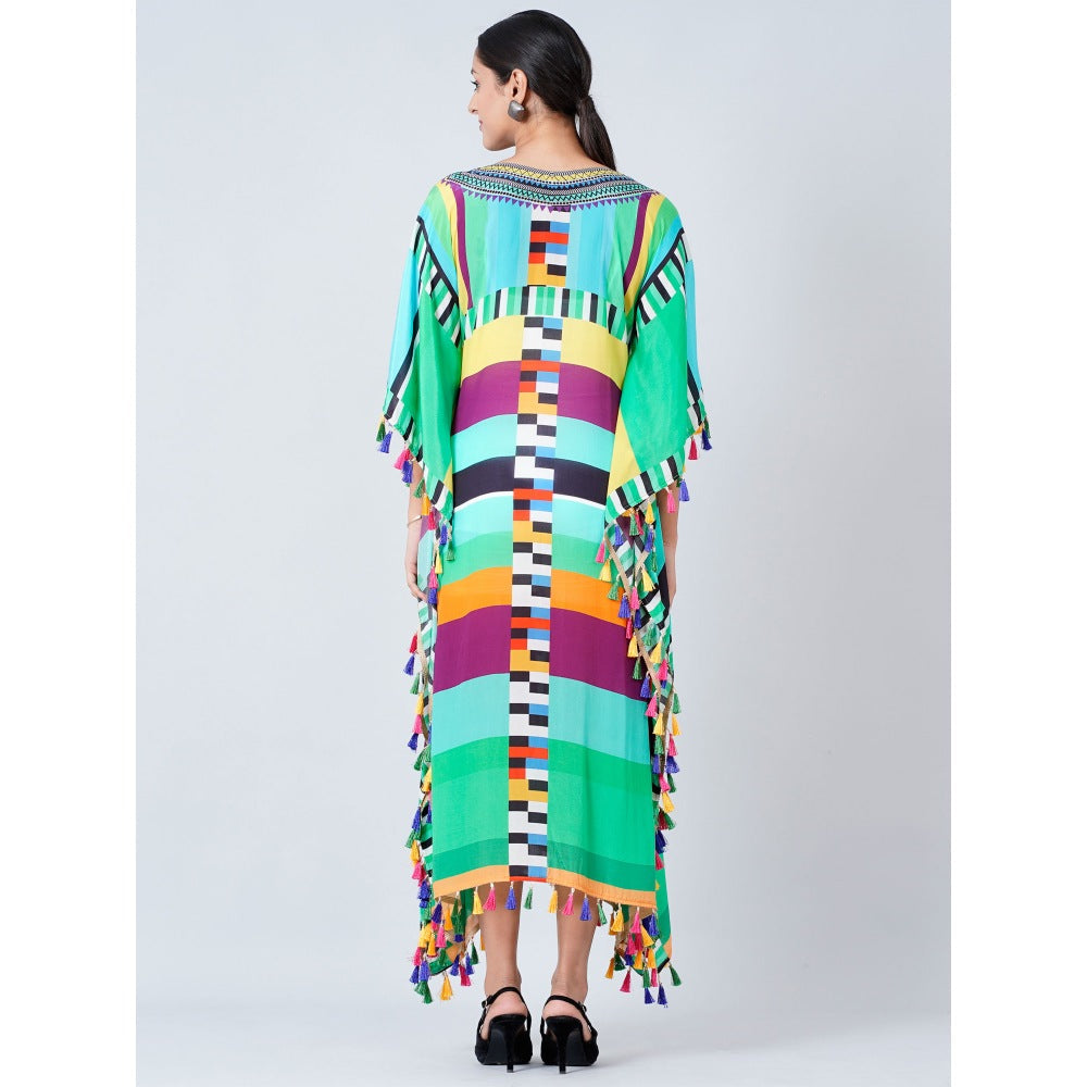 First Resort by Ramola Bachchan Blue And Green Geometric Mid Length Kaftan