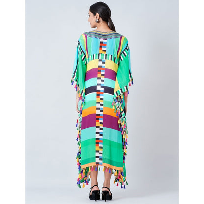 First Resort by Ramola Bachchan Blue And Green Geometric Mid Length Kaftan