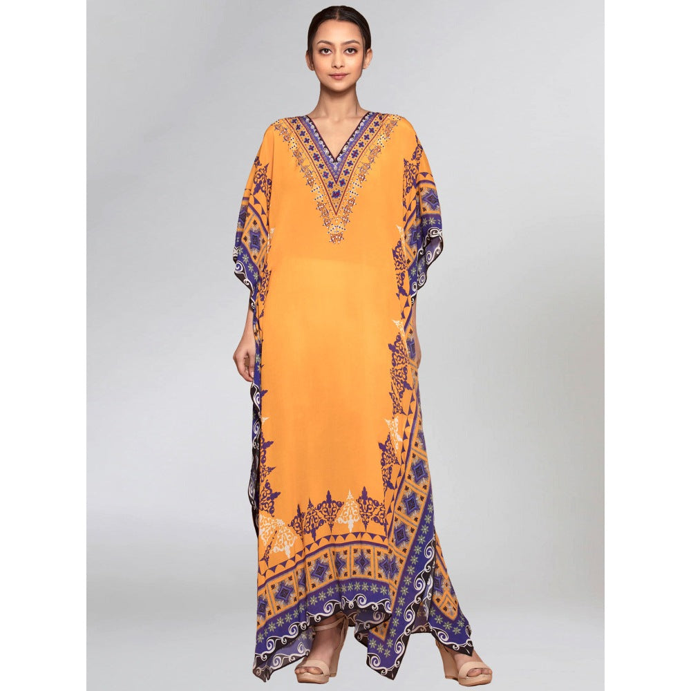 First Resort by Ramola Bachchan Yellow Mexican Print Embellished Full Length Kaftan