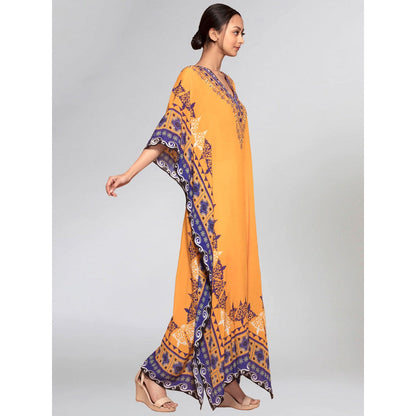 First Resort by Ramola Bachchan Yellow Mexican Print Embellished Full Length Kaftan