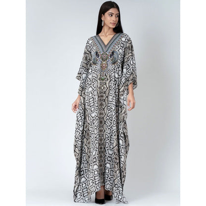 First Resort by Ramola Bachchan Beige Animal Print Embellished Silk Full Length Kaftan