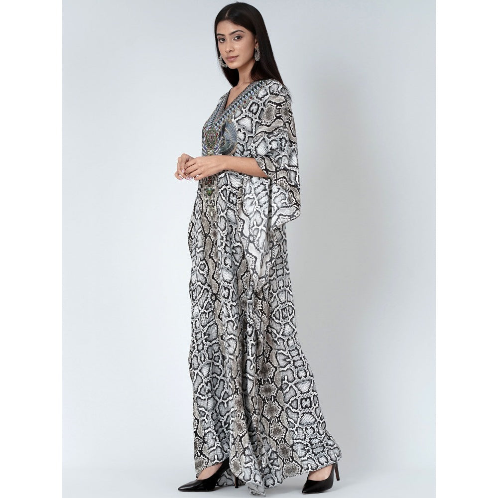 First Resort by Ramola Bachchan Beige Animal Print Embellished Silk Full Length Kaftan