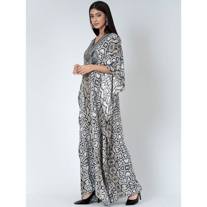 First Resort by Ramola Bachchan Beige Animal Print Embellished Silk Full Length Kaftan