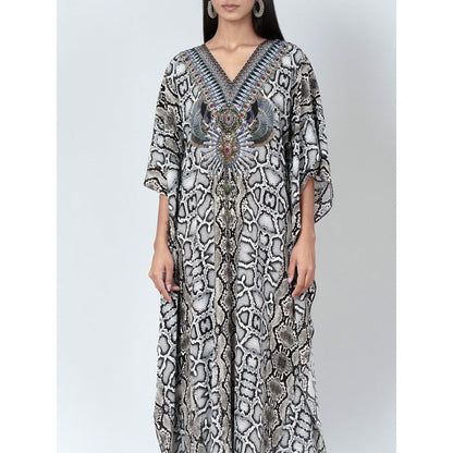 First Resort by Ramola Bachchan Beige Animal Print Embellished Silk Full Length Kaftan