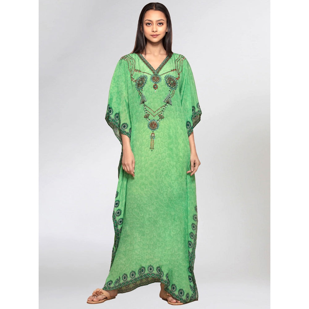 First Resort by Ramola Bachchan Parrot Green Pearl Full Length Kaftan