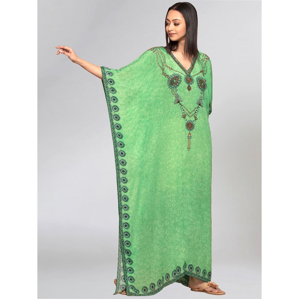 First Resort by Ramola Bachchan Parrot Green Pearl Full Length Kaftan