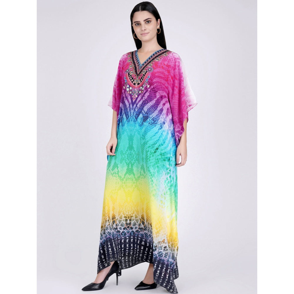 First Resort by Ramola Bachchan Multicoloured Python Print Embellished Silk Full Length Kaftan