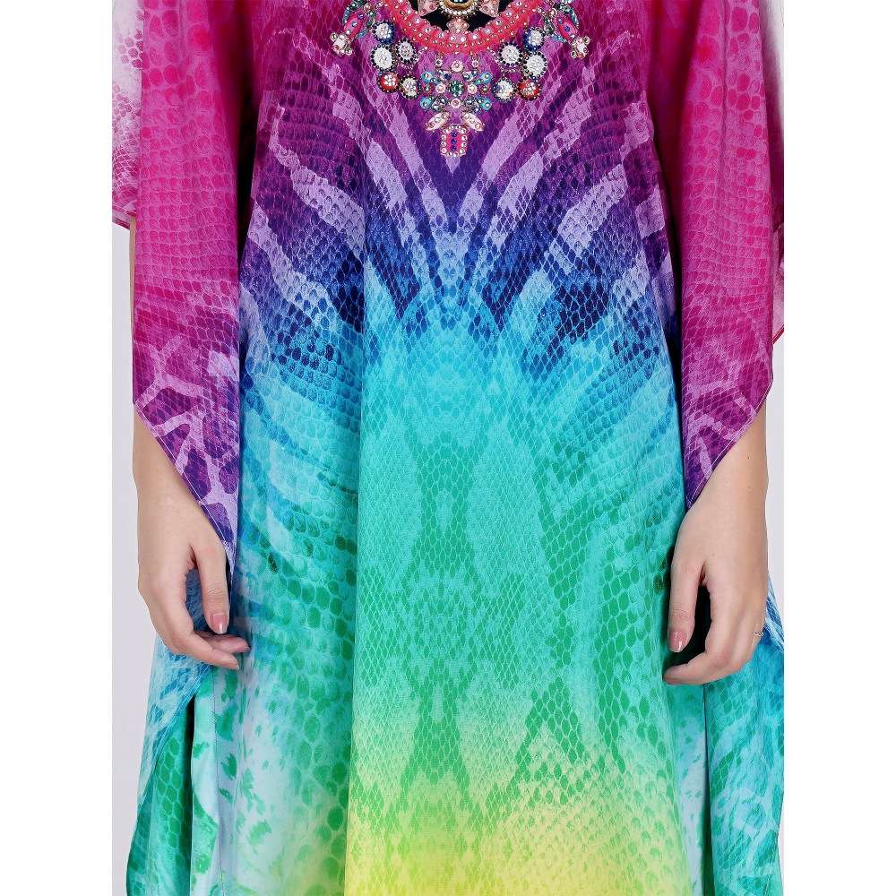 First Resort by Ramola Bachchan Multicoloured Python Print Embellished Silk Full Length Kaftan