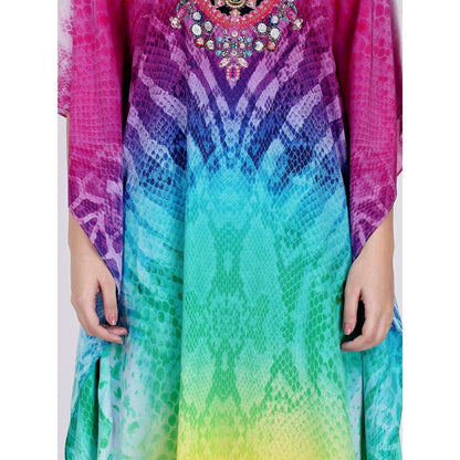 First Resort by Ramola Bachchan Multicoloured Python Print Embellished Silk Full Length Kaftan