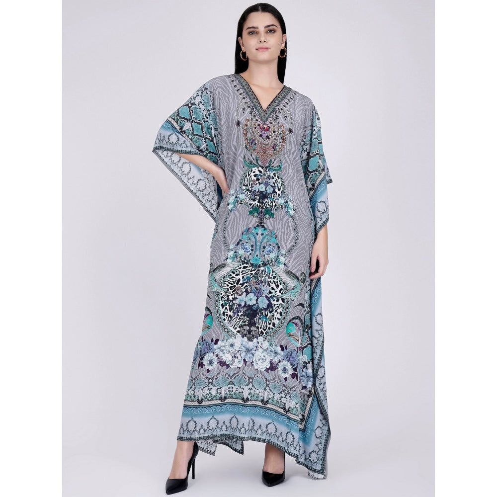 First Resort by Ramola Bachchan Grey And Blue Embellished Silk Full Length Kaftan