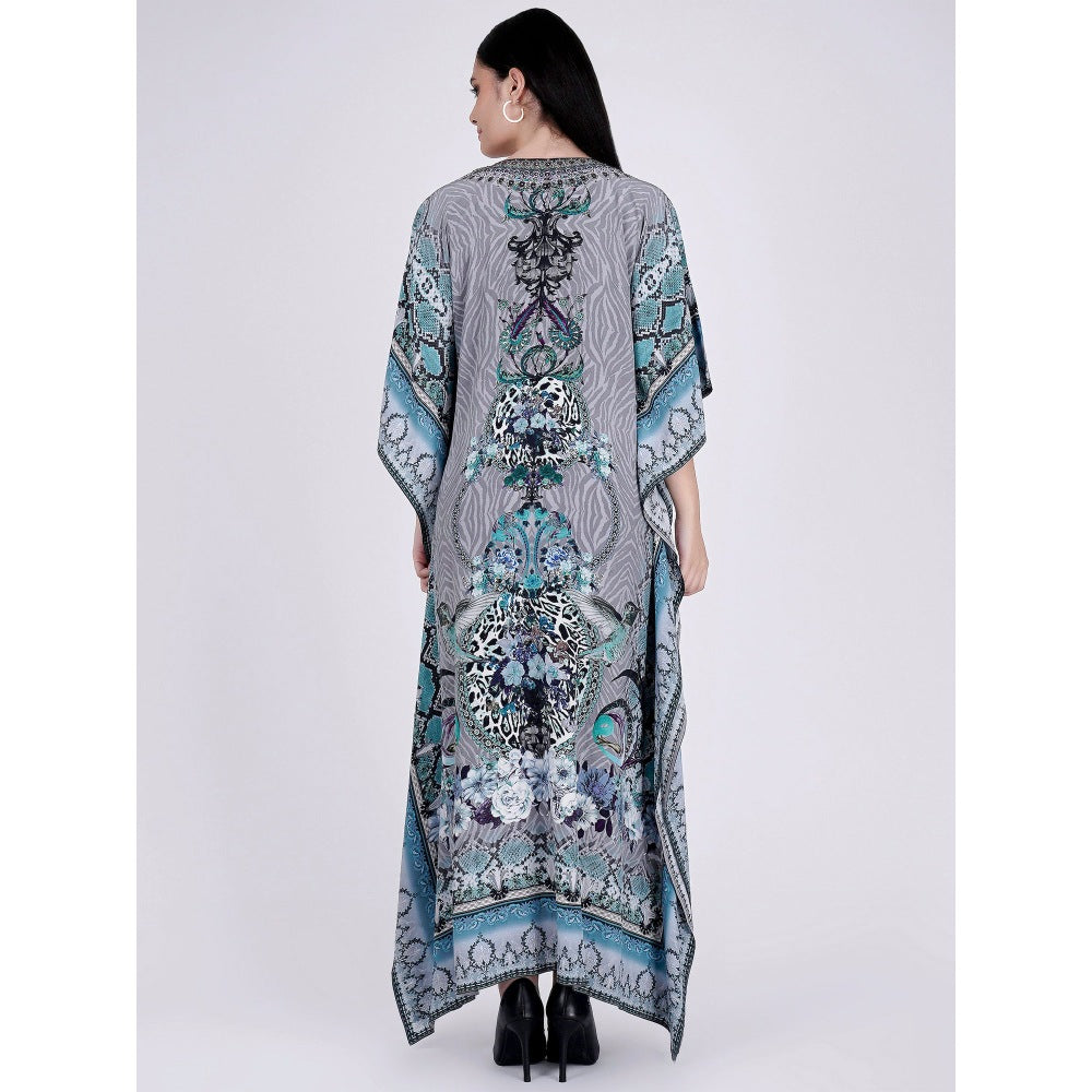 First Resort by Ramola Bachchan Grey And Blue Embellished Silk Full Length Kaftan