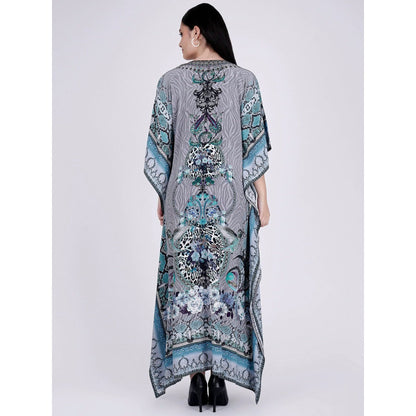 First Resort by Ramola Bachchan Grey And Blue Embellished Silk Full Length Kaftan