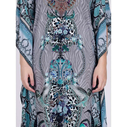 First Resort by Ramola Bachchan Grey And Blue Embellished Silk Full Length Kaftan