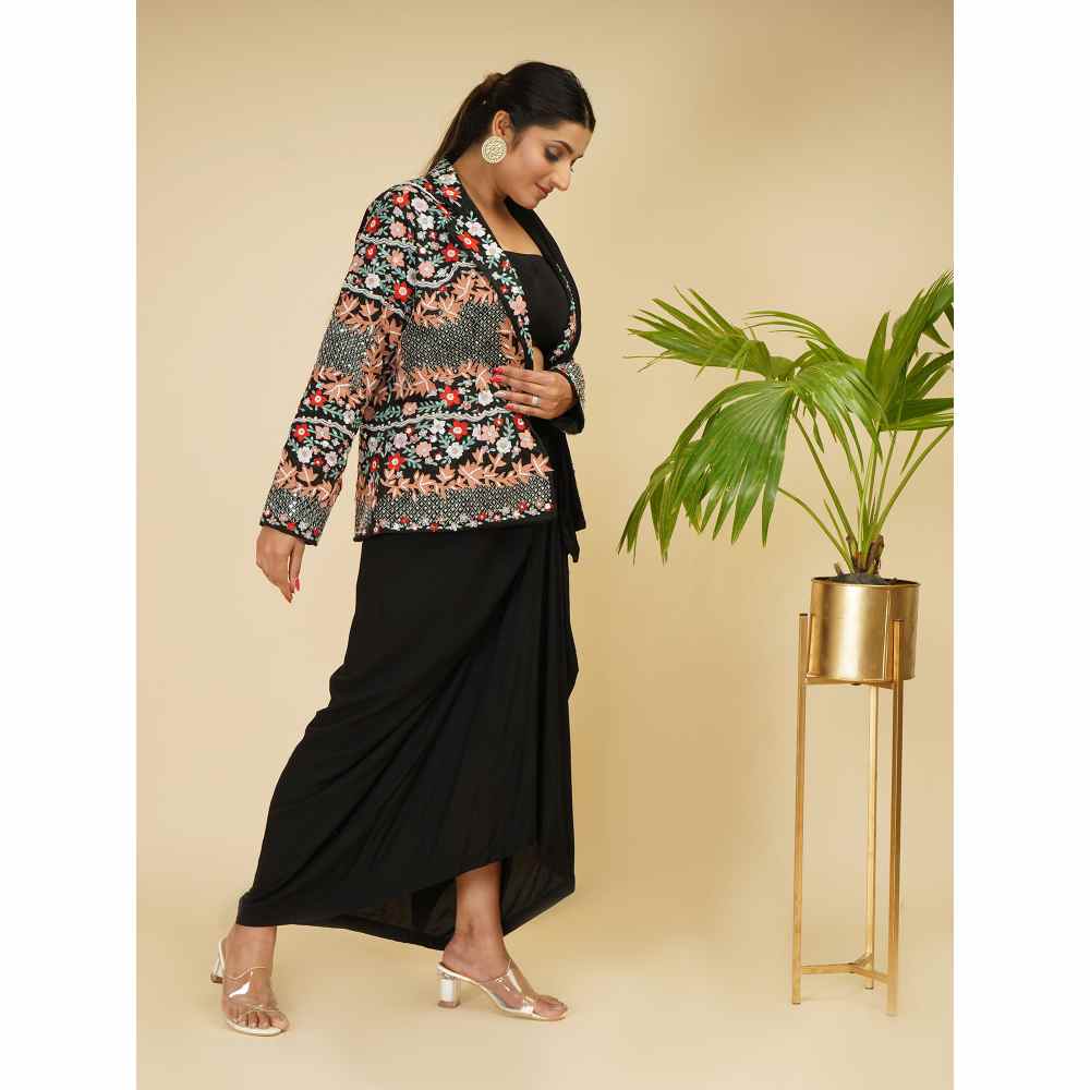 Farha Syed Black & Multi Drape Saree with Blazer & Bustier with Stitched