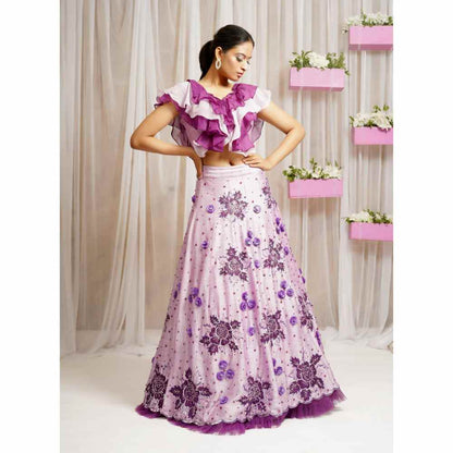 Farha Syed Periwinkle Hand Embroidered Top with Lehenga Skirt (Set of 2)